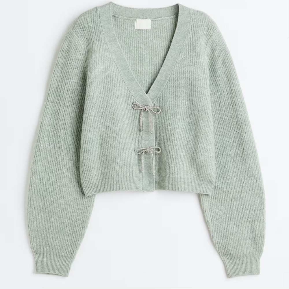 H&M sage green knit rhinestone bow cardigan XS